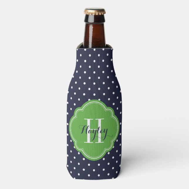 Navy Blue and Green Polka Dots Monogram Bottle Cooler (Bottle Front)