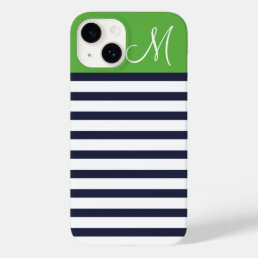 Navy Blue and Green Preppy Stripes Custom Monogram Case-Mate iPhone 14 Case