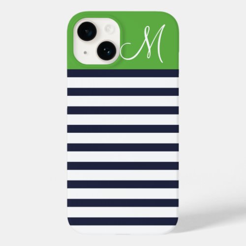 Navy Blue and Green Preppy Stripes Custom Monogram Case_Mate iPhone 14 Case