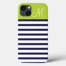 Navy Blue and Green Preppy Stripes Monogram iPhone 13 Case