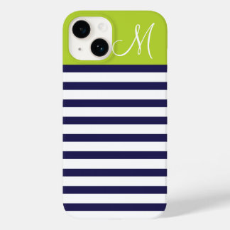 Navy Blue and Green Preppy Stripes Monogram Case-Mate iPhone 14 Case