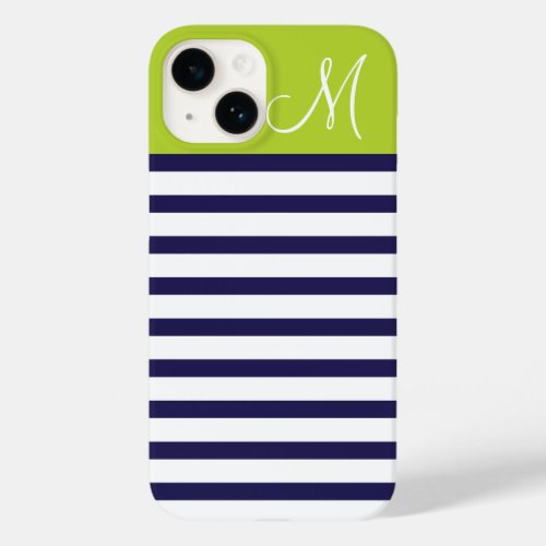 Navy Blue and Green Preppy Stripes Monogram Case_Mate iPhone 14 Case