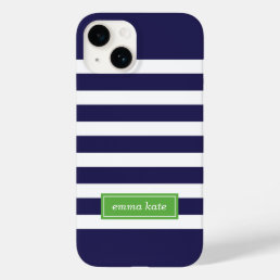 Navy Blue and Green Preppy Stripes Monogram Case-Mate iPhone 14 Case