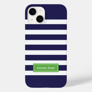 Navy Blue and Green Preppy Stripes Monogram Case-Mate iPhone 14 Case