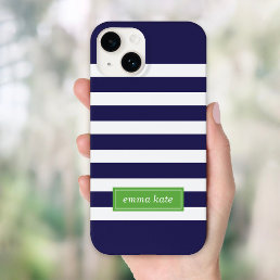 Navy Blue and Green Preppy Stripes Monogram Case-Mate iPhone 14 Case