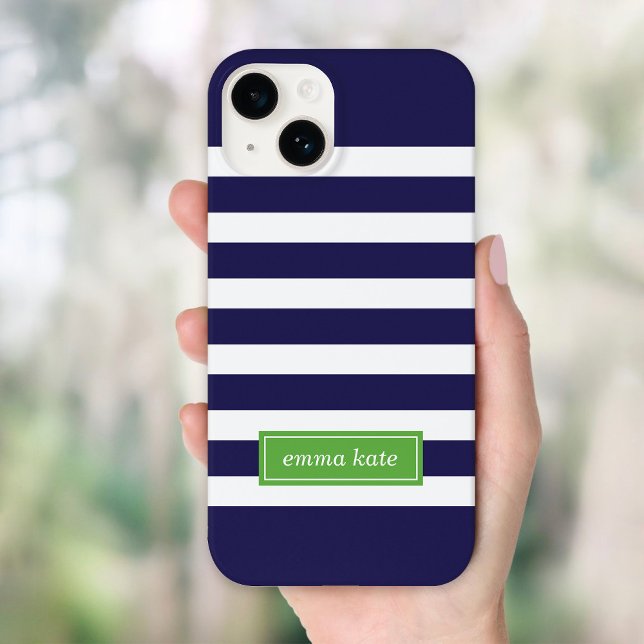 Navy Blue and Green Preppy Stripes Monogram Case-Mate iPhone Case (Creator Uploaded)