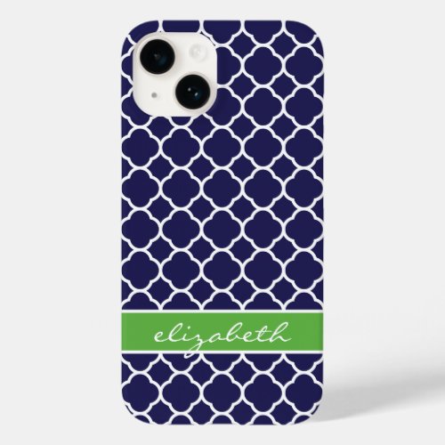 Navy Blue and Green Quatrefoil Monogram Case_Mate iPhone 14 Case