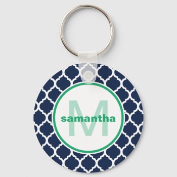 Navy Blue And Green Quatrefoil Monogram Keychain by snowfinch at Zazzle