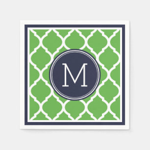 Navy Blue and Green Quatrefoil Wedding Monogram Napkins