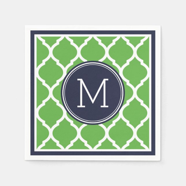Navy Blue and Green Quatrefoil Wedding Monogram Napkins (Front)