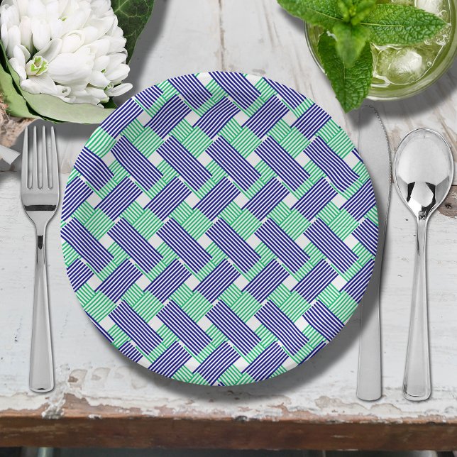 Navy Blue and Green Stripes Paper Plates (Blue and green diagonal stripes paper plates)