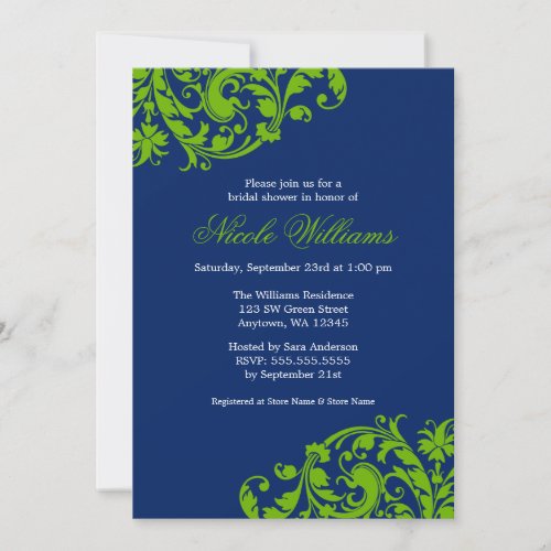 Navy Blue and Green Swirl Flourish Bridal Shower Invitation