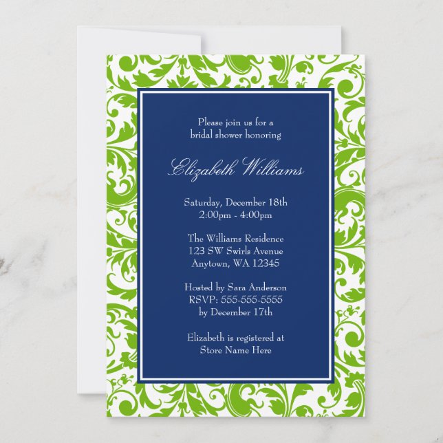 Navy Blue and Green Swirls Damask Bridal Shower Invitation (Front)