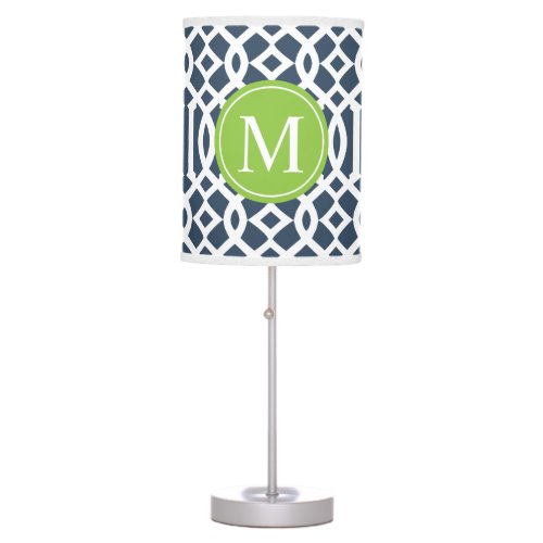 Navy Blue and Green Trellis Custom Monogram Table Lamp