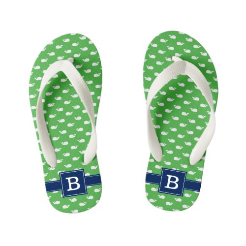 Navy Blue and Green Whales Square Monogram Kids Flip Flops