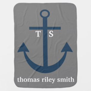 Navy Blue and Grey Anchor Monogram Nursery Blanket