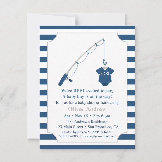 Navy Blue and Grey Fishing Themed Baby Shower Invitation (Front)
