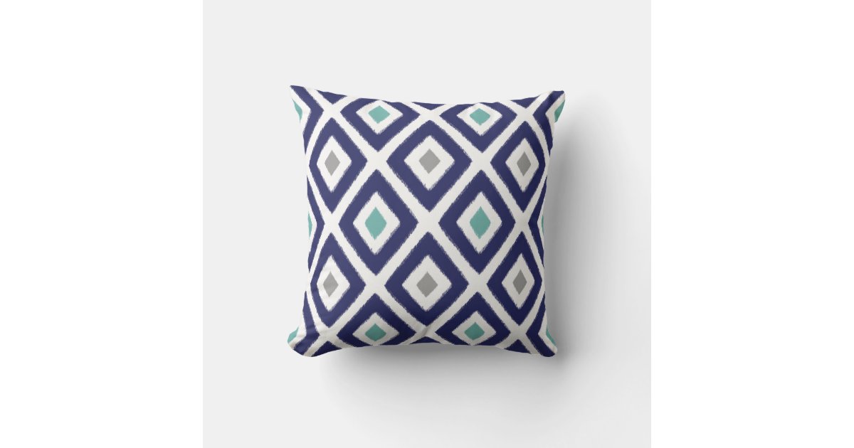 Bohemian Rose Gold Navy Blue Ikat Pattern Monogram Throw Pillow