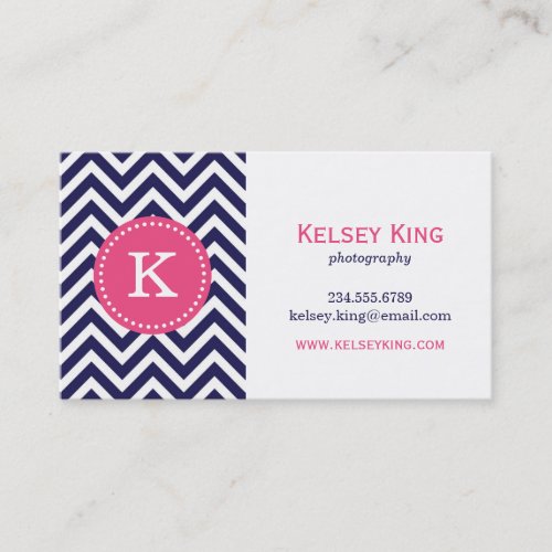 Navy Blue and Hot Pink Chevron Custom Monogram Business Card