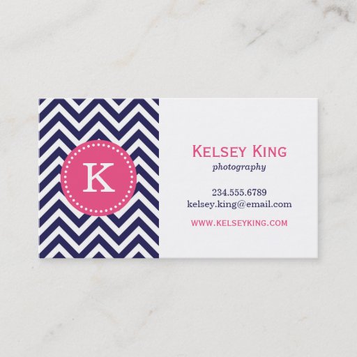 Customizable Navy Blue and Hot Pink Chevron Custom Monogram Business Card
