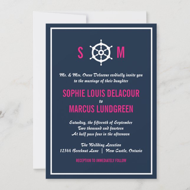 Navy Blue and Hot Pink Nautical Monogram Wedding Invitation (Front)