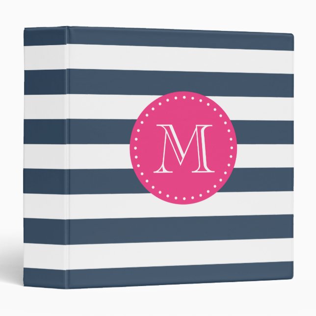 Navy Blue and Hot Pink Stripes Custom Monogram Binder (Front/Spine)