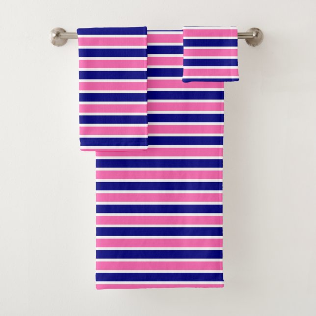 Navy Blue and Hot Pink Stripes Pattern Bath Towel Set (Insitu)