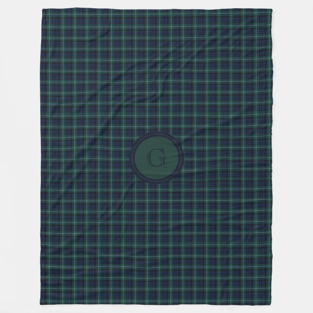 Navy Blue and Hunter Green Tartan Plaid Fleece Blanket (Front)