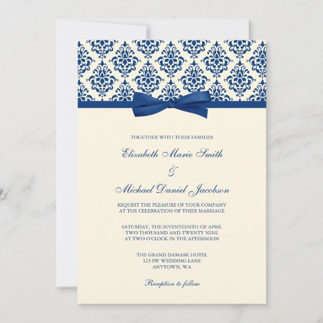 Navy Blue and Ivory Damask Bow Wedding Invitation (Front)