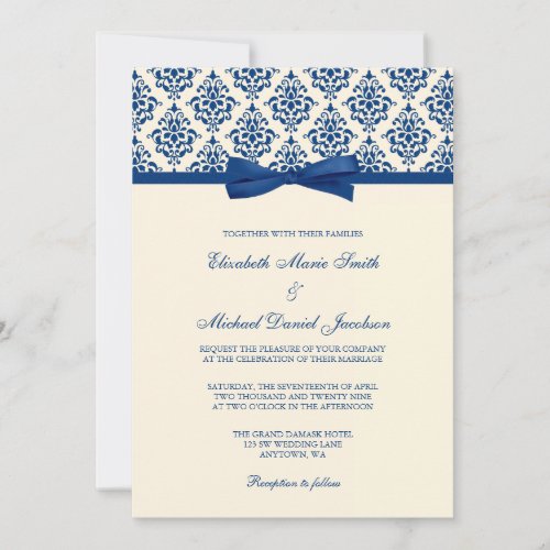 Navy Blue and Ivory Damask Bow Wedding Invitation