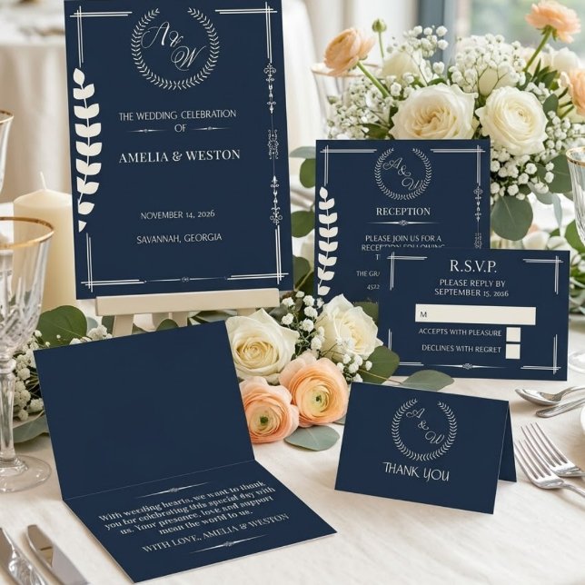 Navy Blue and Ivory Elegant Monogram  Save The Date (Creator Uploaded)