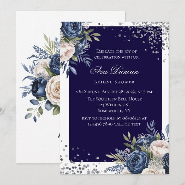 Navy Blue and Ivory Floral Bridal Shower Invitation (Front/Back)