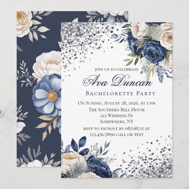 Navy Blue and Ivory Floral Couples Shower Invitation (Front/Back)