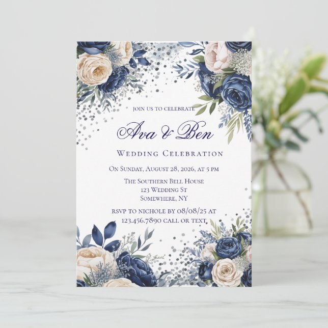 Navy Blue and Ivory Floral Wedding Celebration  Invitation (Standing Front)