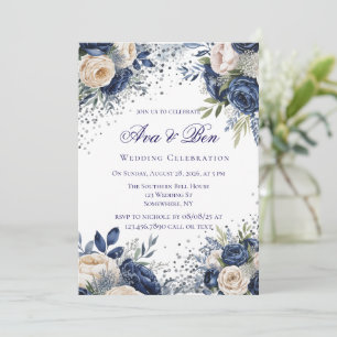 Navy Blue and Ivory Floral Wedding Celebration Invitation