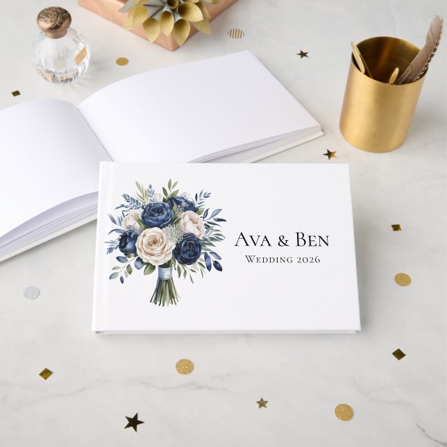 Navy Blue and Ivory Floral Wedding Guest Book (Front Open)