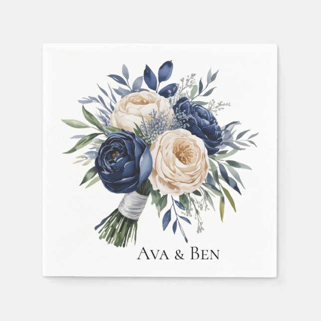 Navy Blue and Ivory Floral Wedding Napkins (Front)
