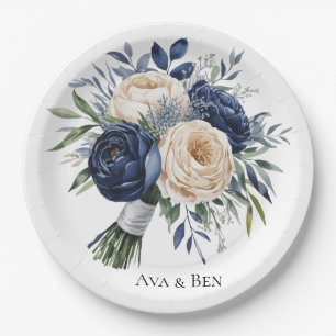 Navy Blue and Ivory Floral Wedding Paper Plates