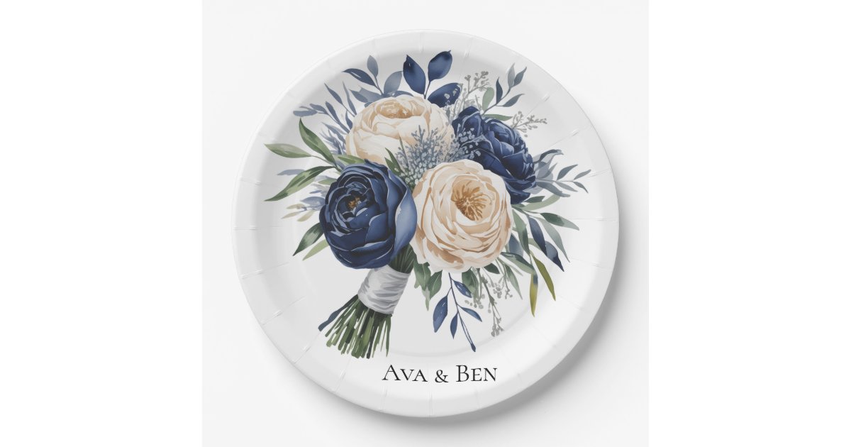 Navy Blue and Ivory Floral Wedding Paper Plates | Zazzle