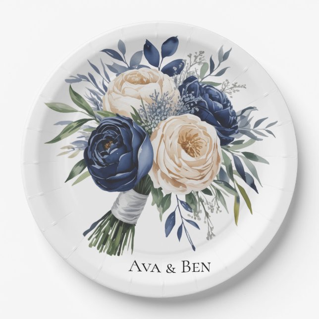 Navy Blue and Ivory Floral Wedding Paper Plates (Front)