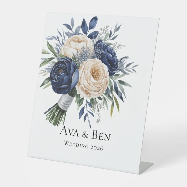 Navy Blue and Ivory Floral Wedding Pedestal Sign (Front)