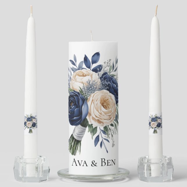 Navy Blue and Ivory Floral Wedding Unity Candle Set (Front)