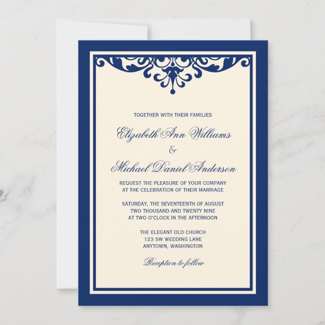 Navy Blue and Ivory Flourish Wedding Invitations (Front)