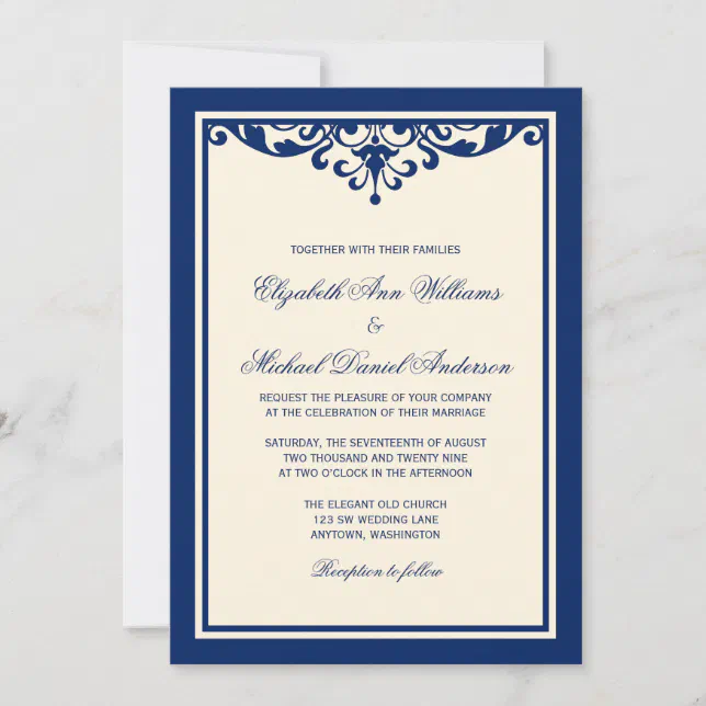 Navy Blue and Ivory Flourish Wedding Invitations | Zazzle