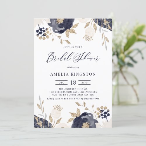 Navy Blue and Ivory Flowers Gold Bridal Shower Invitation