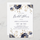 Navy Blue and Ivory Flowers Gold Bridal Shower Invitation (Front/Back)