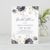 Navy Blue and Ivory Flowers Gold Bridal Shower Invitation (Standing Front)