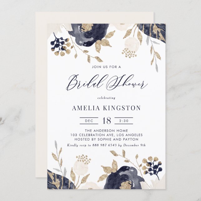Navy Blue and Ivory Flowers Gold Bridal Shower Invitation (Front/Back)