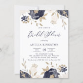 Navy Blue and Ivory Flowers Gold Bridal Shower Invitation (Front)