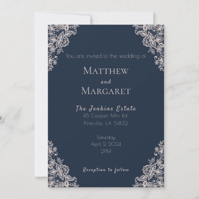 Navy Blue and Lace Wedding Invitation (Front)